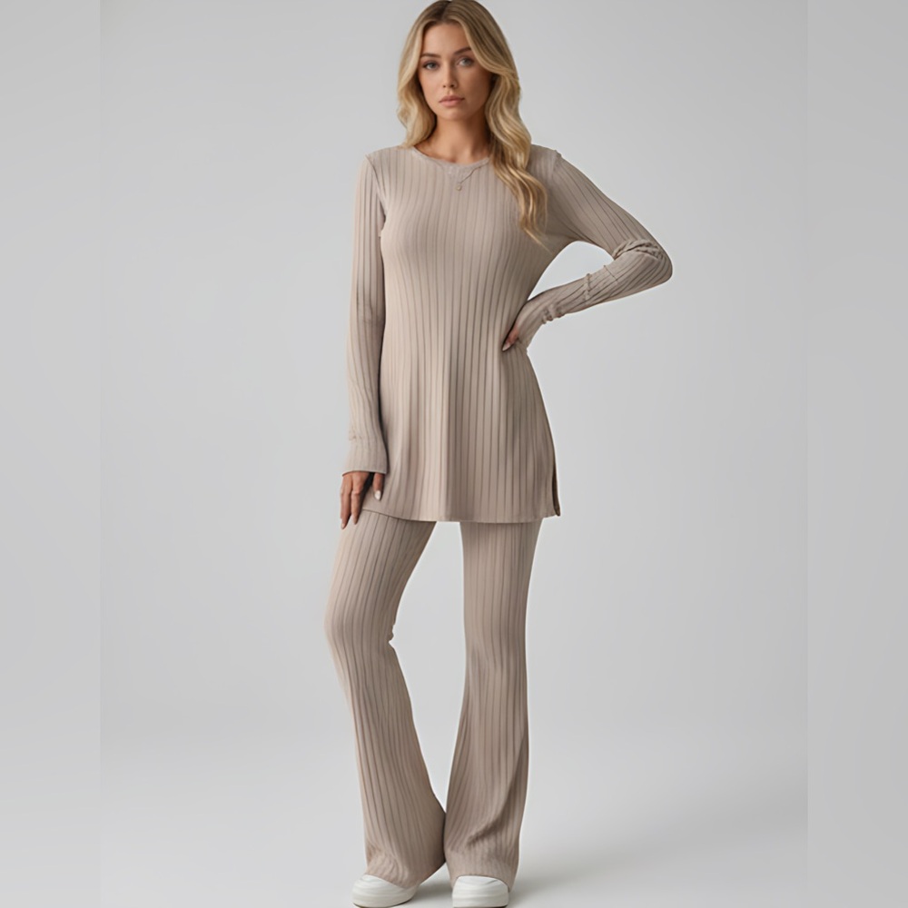 Beige Ribbed Split Hem Tee & Flare Leg Pants